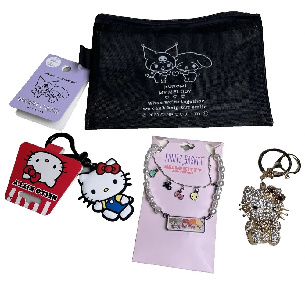 Hello Kitty Sanrio My Melody Kuromi Accessory Lot Keychain Necklace Makeup Bag